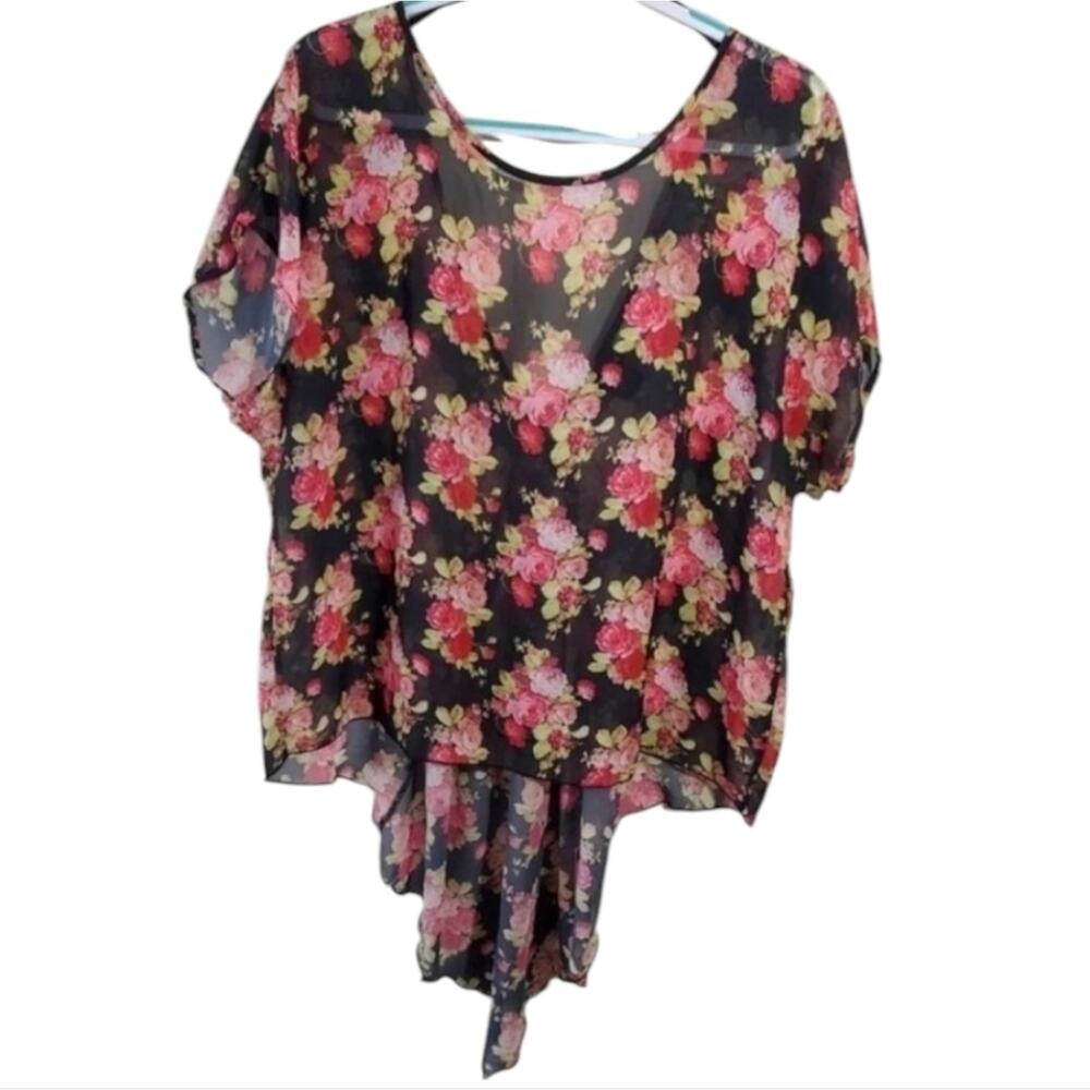 Torrid Womens Plus Size 2 2X Black Floral Rose Sheer High Low Chiffon Blouse USA